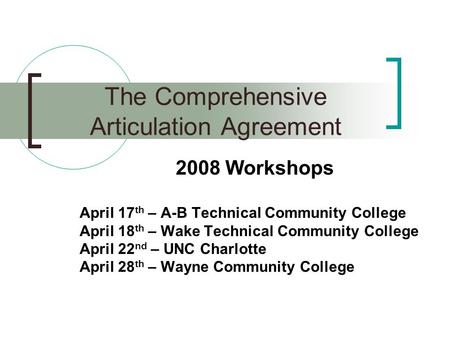 2008 Workshops April 17 th – A-B Technical Community College April 18 th – Wake Technical Community College April 22 nd – UNC Charlotte April 28 th – Wayne.