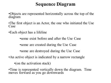 Sequence Diagram Objects are represented horizontally across the top of the diagram The first object is an Actor, the one who initiated the Use Case Each.