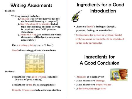 Writing Assessments Teacher: Writing prompt includes: 1. Context (specify the knowledge the student will be using to respond) 2. Specification of Reasoning.