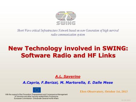 01/10/2013 Ebro Observatory, October 1st, 2013 New Technology involved in SWING: Software Radio and HF Links A.L. Saverino A.Capria, F.Berizzi, M. Martorella,
