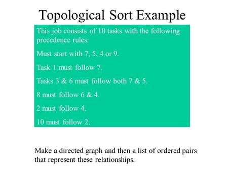 Topological Sort Example This job consists of 10 tasks with the following precedence rules: Must start with 7, 5, 4 or 9. Task 1 must follow 7. Tasks 3.