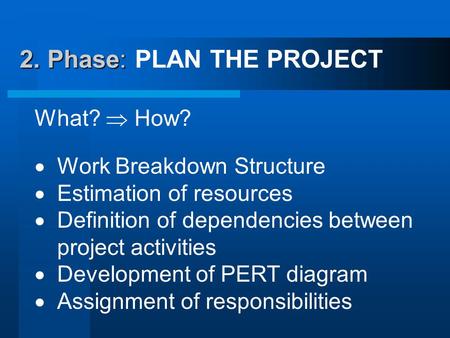 2. Phase: 2. Phase: PLAN THE PROJECT What?  How?  Work Breakdown Structure  Estimation of resources  Definition of dependencies between project activities.