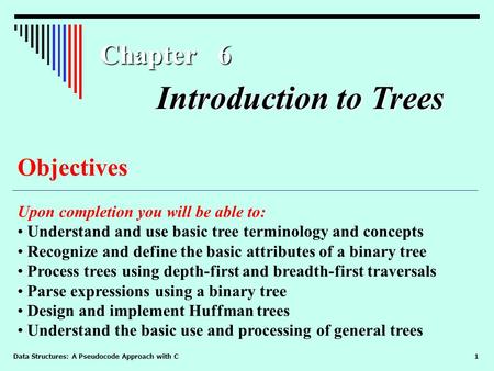 Data Structures: A Pseudocode Approach with C 1 Chapter 6 Objectives Upon completion you will be able to: Understand and use basic tree terminology and.