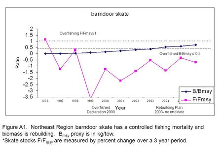 Figure A1. Northeast Region barndoor skate has a controlled fishing mortality and biomass is rebuilding. B msy proxy is in kg/tow. *Skate stocks F/F msy.