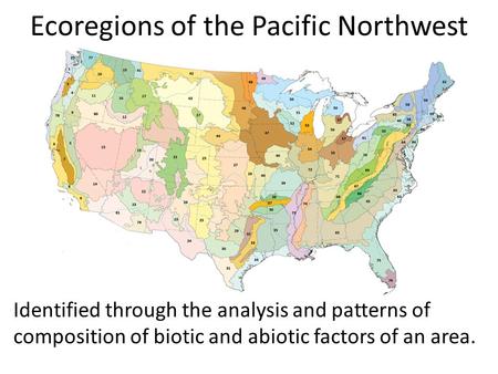 Ecoregions of the Pacific Northwest Identified through the analysis and patterns of composition of biotic and abiotic factors of an area.