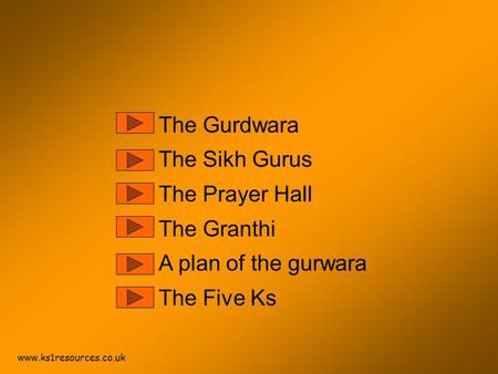 Www.ks1resources.co.uk The Gurdwara The Sikh Gurus The Prayer Hall The Granthi A plan of the gurwara The Five Ks.