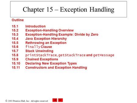  2003 Prentice Hall, Inc. All rights reserved. Chapter 15 – Exception Handling Outline 15.1 Introduction 15.2 Exception-Handling Overview 15.3 Exception-Handling.