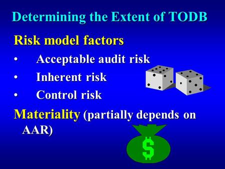 Determining the Extent of TODB Risk model factors Acceptable audit riskAcceptable audit risk Inherent riskInherent risk Control riskControl risk Materiality.