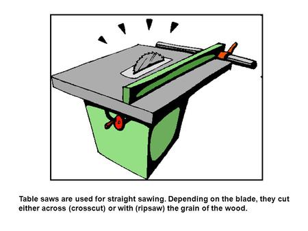 Table saws are used for straight sawing. Depending on the blade, they cut either across (crosscut) or with (ripsaw) the grain of the wood.