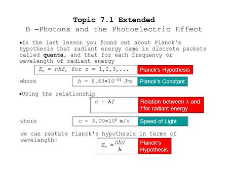  In the last lesson you found out about Planck's hypothesis that radiant energy came in discrete packets called quanta, and that for each frequency or.