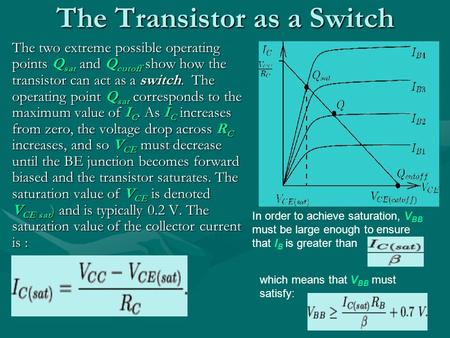 The Transistor as a Switch The two extreme possible operating points Q sat and Q cutoff show how the transistor can act as a switch. The operating point.
