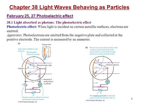 1 Chapter 38 Light Waves Behaving as Particles February 25, 27 Photoelectric effect 38.1 Light absorbed as photons: The photoelectric effect Photoelectric.