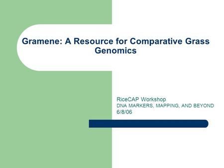 Gramene: A Resource for Comparative Grass Genomics RiceCAP Workshop DNA MARKERS, MAPPING, AND BEYOND 6/8/06.