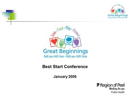 Best Start Conference January 2006. Peel Health Great Beginnings Initiative  In 1999, McCain and Mustard’s Early Years Study documented the importance.