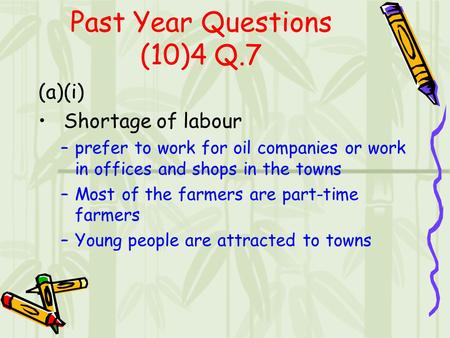 Past Year Questions (10)4 Q.7 (a)(i) Shortage of labour –prefer to work for oil companies or work in offices and shops in the towns –Most of the farmers.