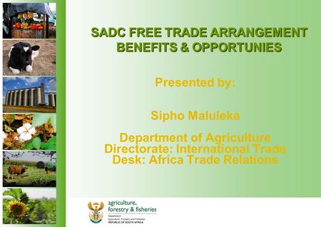 SADC FREE TRADE ARRANGEMENT BENEFITS & OPPORTUNIES Presented by: Sipho Maluleka Department of Agriculture Directorate: International Trade Desk: Africa.