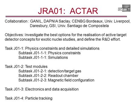 JRA01: ACTAR Collaboration : GANIL, DAPNIA Saclay, CENBG Bordeaux, Univ. Liverpool, Daresbury, GSI, Univ. Santiago de Compostela Objectives: Investigate.