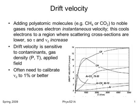 Drift velocity Adding polyatomic molecules (e.g. CH4 or CO2) to noble gases reduces electron instantaneous velocity; this cools electrons to a region where.