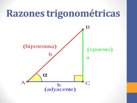 Razones trigonométricas. Seno Seno del ángulo B es la razón entre el cateto opuesto al ángulo y la hipotenusa. Se denota por sen B. B sen B Cateto opuesto.