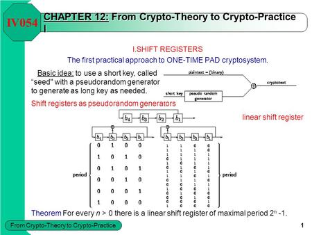 From Crypto-Theory to Crypto-Practice 1 CHAPTER 12: From Crypto-Theory to Crypto-Practice I I.SHIFT REGISTERS The first practical approach to ONE-TIME.