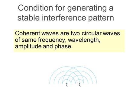 Condition for generating a stable interference pattern Coherent waves are two circular waves of same frequency, wavelength, amplitude and phase.