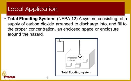 Local Application Total Flooding System: (NFPA 12) A system consisting of a supply of carbon dioxide arranged to discharge into, and fill to the proper.