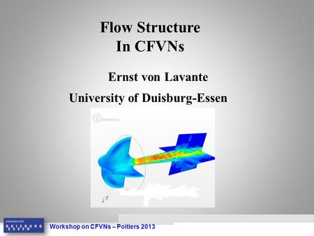Workshop on CFVNs – Poitiers 2013 Flow Structure In CFVNs Ernst von Lavante University of Duisburg-Essen.