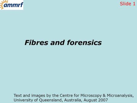 Fibres and forensics Text and images by the Centre for Microscopy & Microanalysis, University of Queensland, Australia, August 2007 Slide 1.
