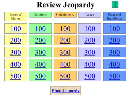Review Jeopardy 100 200 300 400 500 100 200 300 400 500 100 200 300 400 500 100 200 300 400 500 100 200 300 400 500 States of Matter SolutionsStoichiometry.