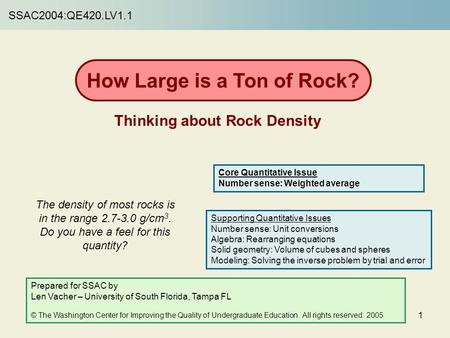 1 The density of most rocks is in the range 2.7-3.0 g/cm 3. Do you have a feel for this quantity? SSAC2004:QE420.LV1.1 How Large is a Ton of Rock? Thinking.