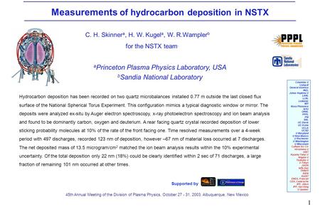 1 Measurements of hydrocarbon deposition in NSTX C. H. Skinner a, H. W. Kugel a, W. R.Wampler b for the NSTX team. a Princeton Plasma Physics Laboratory,