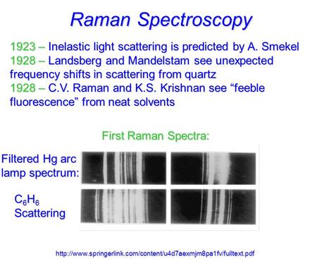 Raman Spectroscopy 1923 – Inelastic light scattering is predicted by A. Smekel 1928 – Landsberg and Mandelstam see unexpected frequency shifts in scattering.