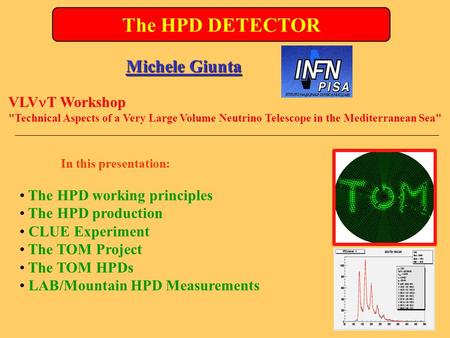 The HPD DETECTOR The HPD working principles The HPD production CLUE Experiment The TOM Project The TOM HPDs LAB/Mountain HPD Measurements Michele Giunta.