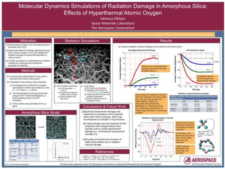 Molecular Dynamics Simulations of Radiation Damage in Amorphous Silica: Effects of Hyperthermal Atomic Oxygen Vanessa Oklejas Space Materials Laboratory.