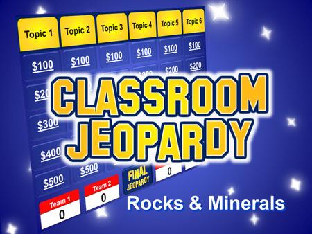 Rocks & Minerals Which Rock $100 $200 $300 $400 $500 Type is it? Limestone, Gneiss, Granite, or Obsidian Rock Cycle Mining Identifying Minerals Team.