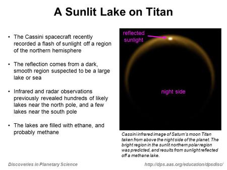 Discoveries in Planetary Sciencehttp://dps.aas.org/education/dpsdisc/ A Sunlit Lake on Titan The Cassini spacecraft recently recorded a flash of sunlight.