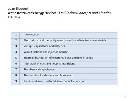 Juan Bisquert Nanostructured Energy Devices: Equilibrium Concepts and Kinetics CRC Press 1 1Introduction 2Electrostatic and thermodynamic potentials of.