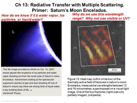 Pat Arnott, ATMS 749 Atmospheric Radiation Transfer Figure 13: Heat map (within white box) of the thermally active field of fractures in saturn’s moon.