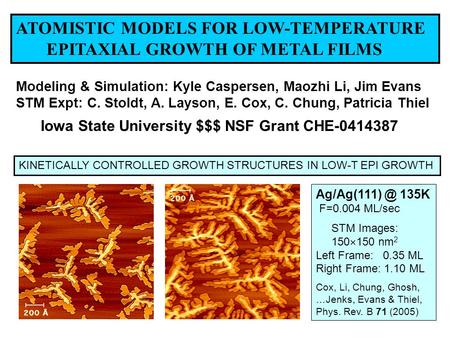 ATOMISTIC MODELS FOR LOW-TEMPERATURE EPITAXIAL GROWTH OF METAL FILMS Modeling & Simulation: Kyle Caspersen, Maozhi Li, Jim Evans STM Expt: C. Stoldt, A.