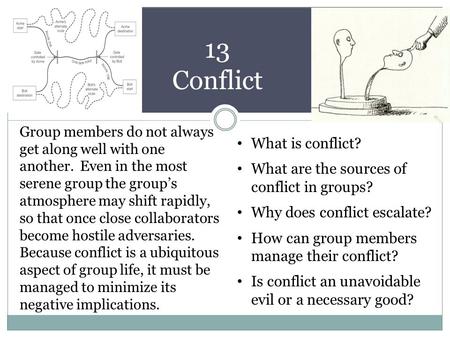 13 Conflict Group members do not always get along well with one another. Even in the most serene group the group’s atmosphere may shift rapidly, so that.