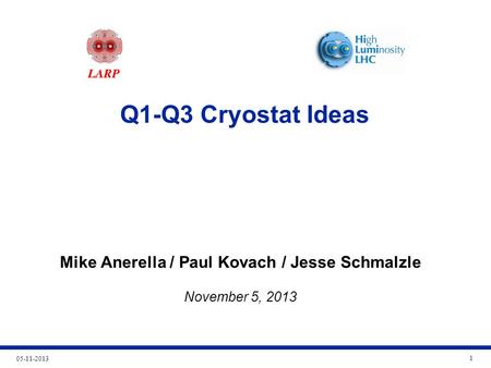 05-11-2013 1 Q1-Q3 Cryostat Ideas Mike Anerella / Paul Kovach / Jesse Schmalzle November 5, 2013.