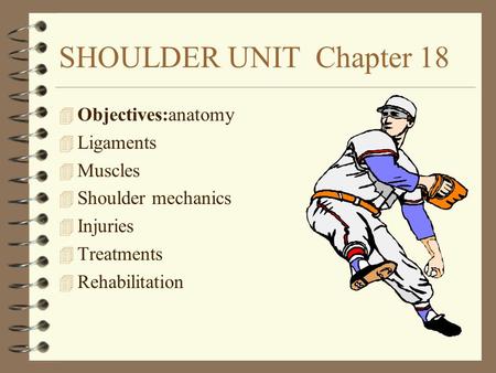 SHOULDER UNIT Chapter 18 4 Objectives:anatomy 4 Ligaments 4 Muscles 4 Shoulder mechanics 4 Injuries 4 Treatments 4 Rehabilitation.