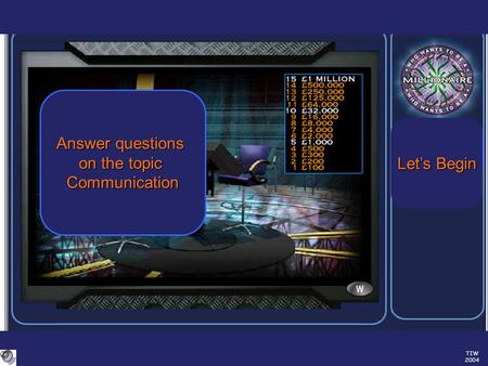 TIW 2004 Answer questions on the topic Communication Let’s Begin Let’s Begin.