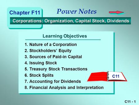Power Notes Chapter F11 Corporations: Organization, Capital Stock, Dividends Learning Objectives 1. Nature of a Corporation 2. Stockholders’ Equity 3.