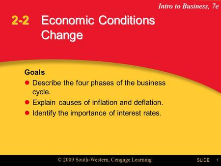Intro to Business, 7e © 2009 South-Western, Cengage Learning SLIDE1 Economic Conditions Change Goals Describe the four phases of the business cycle. Explain.