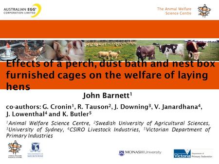 The Animal Welfare Science Centre Effects of a perch, dust bath and nest box in furnished cages on the welfare of laying hens John Barnett 1 co-authors: