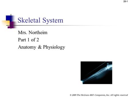 25-1 © 2009 The McGraw-Hill Companies, Inc. All rights reserved Skeletal System Mrs. Northeim Part 1 of 2 Anatomy & Physiology.