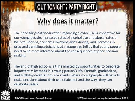 The need for greater education regarding alcohol use is imperative for our young people. Increased rates of alcohol use and abuse, rates of hospitalisations,