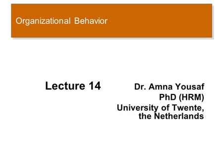 Organizational Behavior Lecture 14 Dr. Amna Yousaf PhD (HRM) University of Twente, the Netherlands.
