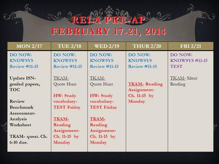 RELA PRE-AP FEBRUARY 17-21, 2014 MON 2/17TUE 2/18WED 2/19THUR 2/20FRI 2/21 DO NOW: KNOWSYS Review #11-15 Update ISN- graded papers, TOC Review Benchmark.